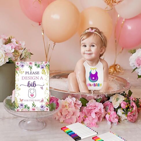 50 Pcs Baby Shower Game White Bibs Supply Includes 1 Wooden Baby Shower Game Sign 25 DIY Blank White Bibs Feeder 24 Fabric Markers(Butterfly) in Saudi Arabia