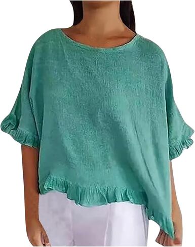 Round Neck Ruffled Hem Mid Sleeve and Linen Top Casual Ruffle Solid Short Sleeve Blouse Tops for Long Women T in Saudi Arabia
