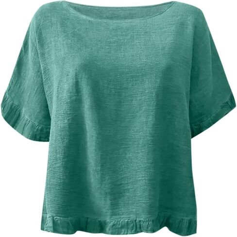 Round Neck Ruffled Hem Mid Sleeve and Linen Top Casual Ruffle Solid Short Sleeve Blouse Tops for Long Women T in Saudi Arabia