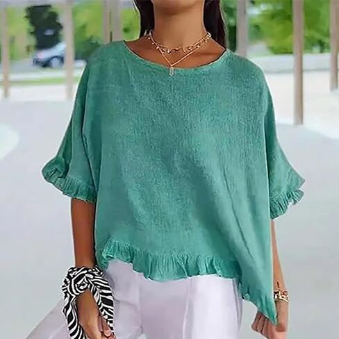 Round Neck Ruffled Hem Mid Sleeve and Linen Top Casual Ruffle Solid Short Sleeve Blouse Tops for Long Women T in Saudi Arabia