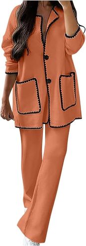 Womens 2 Piece Outfits Fall Winter Lapel Button Down Long Sleeve Tops with Pockets Wide Leg Pants Matching Lounge Sets in Kuwait