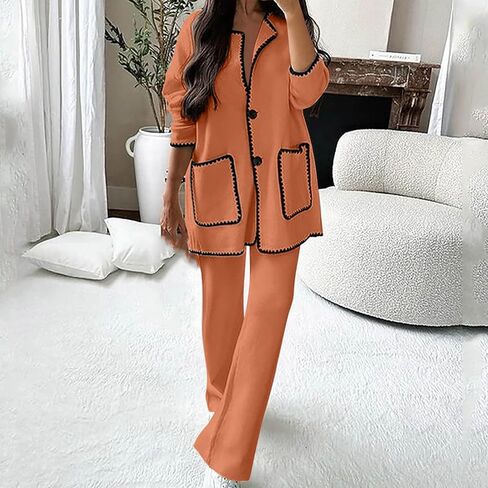 Womens 2 Piece Outfits Fall Winter Lapel Button Down Long Sleeve Tops with Pockets Wide Leg Pants Matching Lounge Sets in Kuwait