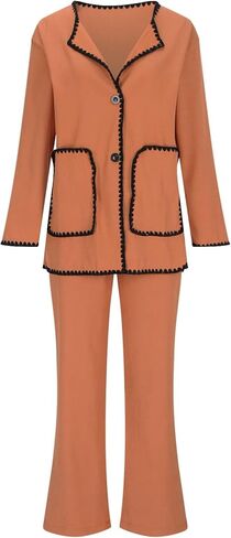 Womens 2 Piece Outfits Fall Winter Lapel Button Down Long Sleeve Tops with Pockets Wide Leg Pants Matching Lounge Sets in Kuwait