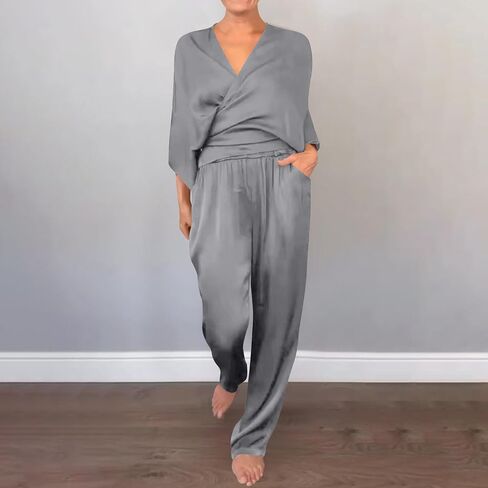 Women's Satin 2 Piece Sets Long Sleeve V Neck Lace Up Shirt Tops Straight Leg Pants Summer Loose Trendy Lounge Outfits in Saudi Arabia