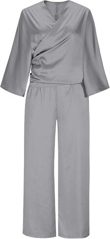 Women's Satin 2 Piece Sets Long Sleeve V Neck Lace Up Shirt Tops Straight Leg Pants Summer Loose Trendy Lounge Outfits in Saudi Arabia