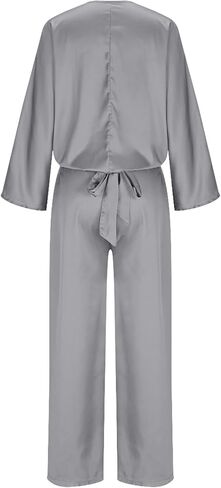 Women's Satin 2 Piece Sets Long Sleeve V Neck Lace Up Shirt Tops Straight Leg Pants Summer Loose Trendy Lounge Outfits in Saudi Arabia