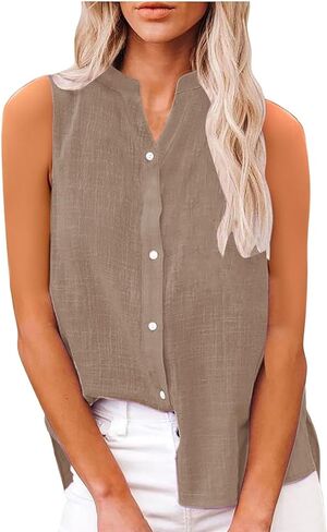 Linen Tank Top for Women Loose Fit Sleeveless Notch V Neck Button Decor Shirts Summer Casual Lightweight Tops Blouses in Kuwait