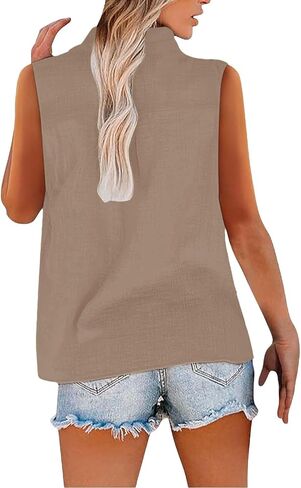 Linen Tank Top for Women Loose Fit Sleeveless Notch V Neck Button Decor Shirts Summer Casual Lightweight Tops Blouses in Kuwait