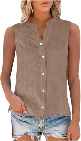 Linen Tank Top for Women Loose Fit Sleeveless Notch V Neck Button Decor Shirts Summer Casual Lightweight Tops Blouses in Kuwait