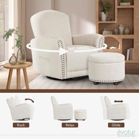 Evolur Vienna Swivel Glider with Ottoman, FSC Certified, Greenguard Gold and JPMA Certified Glider Rocking Chair, 360° Swivel Motion, Ergonomic Design Nursery Glider, Fog Gray in Saudi Arabia
