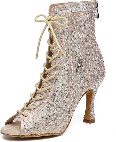 Rhinestone Ballroom Latin Dance Boots for Women Lace Up Open Toe with 3 1/3 Inch Heel in Kuwait