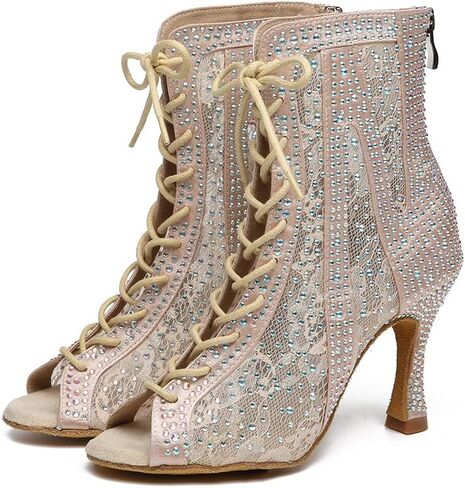 Rhinestone Ballroom Latin Dance Boots for Women Lace Up Open Toe with 3 1/3 Inch Heel in Kuwait