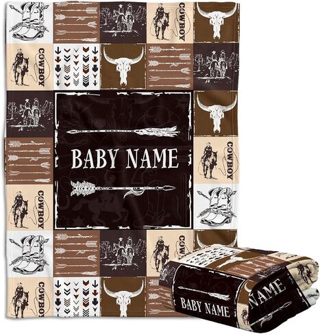 Baby Cowboy Blankets, Personalized Western Baby Blanket for Boys, Fleece Blankets for Girls, Custom Name 3 Sizes Fleece Blanket for Infant Newborn Son Daughter Toddlers Youth in Saudi Arabia