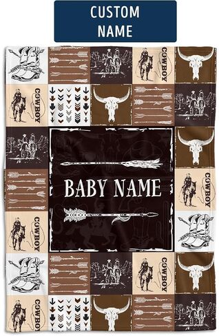Baby Cowboy Blankets, Personalized Western Baby Blanket for Boys, Fleece Blankets for Girls, Custom Name 3 Sizes Fleece Blanket for Infant Newborn Son Daughter Toddlers Youth in Saudi Arabia