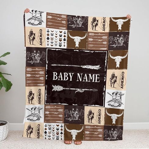 Baby Cowboy Blankets, Personalized Western Baby Blanket for Boys, Fleece Blankets for Girls, Custom Name 3 Sizes Fleece Blanket for Infant Newborn Son Daughter Toddlers Youth in Saudi Arabia