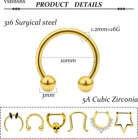 Vsnnsns 16G Septum Jewelry Septum Ring Piercing Jewelry Septum Clicker Ring and Horseshoe Barbell Stainless Steel Ring Septum Nose Rings Hoop Piercing Jewelry for Men Women 10mm 12pcs in Kuwait