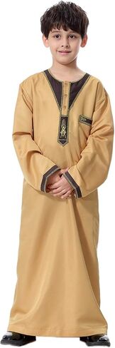 Boys Muslim Thobe Robe Arabic Eid Outfit for Kids, Traditional Embroidered Abaya Long Robe Clothing Fashion Clothes in Saudi Arabia