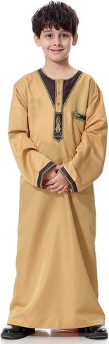 Boys Muslim Thobe Robe Arabic Eid Outfit for Kids, Traditional Embroidered Abaya Long Robe Clothing Fashion Clothes in Saudi Arabia