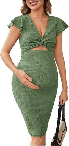 Floerns Women's Maternity Dress Ruffle Cap Sleeve V Neck Cut Out Knee Length Pregnancy Dresses in Saudi Arabia