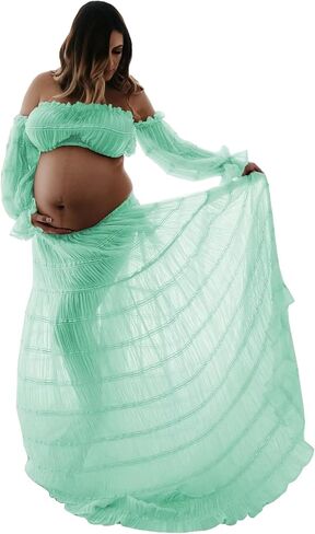 2 Piece Puffy Tulle Pregnancy Dress for Women Off Shoulder Maternity Gowns for Photoshoot Flying Dresses in Saudi Arabia
