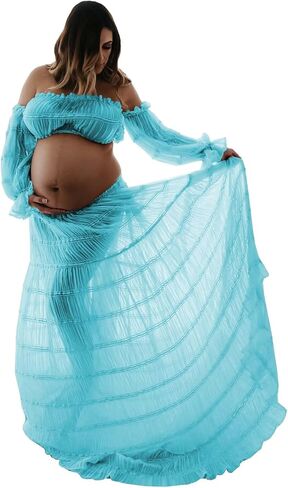 2 Piece Puffy Tulle Pregnancy Dress for Women Off Shoulder Maternity Gowns for Photoshoot Flying Dresses in Saudi Arabia