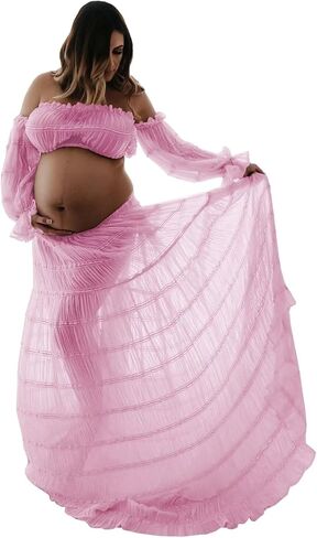 2 Piece Puffy Tulle Pregnancy Dress for Women Off Shoulder Maternity Gowns for Photoshoot Flying Dresses in Saudi Arabia