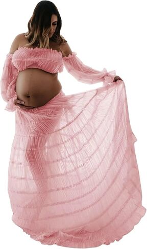 2 Piece Puffy Tulle Pregnancy Dress for Women Off Shoulder Maternity Gowns for Photoshoot Flying Dresses in Saudi Arabia