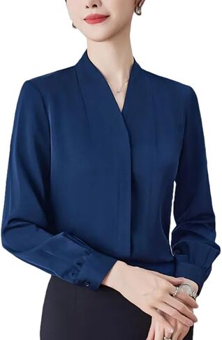 Women’S Formal Blouse V-Neck Long Sleeve Loose Fit Navy Blue Spring Tops in Saudi Arabia