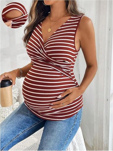 Women's Striped Nursing Tank Top Wrap V Neck Ribbed Knit Maternity Tops Sleeveless Pregnancy Shirts in Saudi Arabia