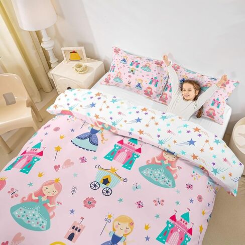 Erosebridal Kids Pink Princess Comforter Cover Dreamy Fairy Tales Castle Girls Toddler Bedding Set Cartoon Rainbow Duvet Cover for Teen Women Bedroom Decor,Magical Carriage Princess Bed Set in Saudi Arabia