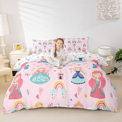 Erosebridal Kids Pink Princess Comforter Cover Dreamy Fairy Tales Castle Girls Toddler Bedding Set Cartoon Rainbow Duvet Cover for Teen Women Bedroom Decor,Magical Carriage Princess Bed Set in Saudi Arabia