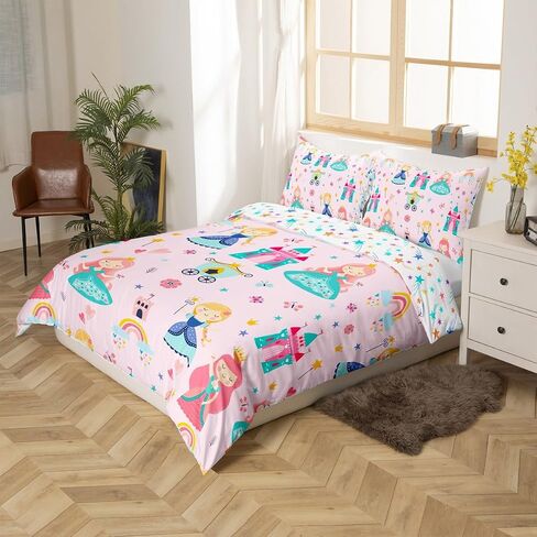Erosebridal Kids Pink Princess Comforter Cover Dreamy Fairy Tales Castle Girls Toddler Bedding Set Cartoon Rainbow Duvet Cover for Teen Women Bedroom Decor,Magical Carriage Princess Bed Set in Saudi Arabia