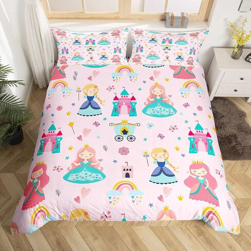 Erosebridal Kids Pink Princess Comforter Cover Dreamy Fairy Tales Castle Girls Toddler Bedding Set Cartoon Rainbow Duvet Cover for Teen Women Bedroom Decor,Magical Carriage Princess Bed Set in Saudi Arabia