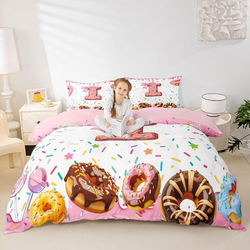 Erosebridal Personalized I Initial Letter Toddler Duvet Cover for Girls Cute Bow Princess Bowknot Kids Bedding, Monogrammed Alphabet D Bed Cover Donuts Pink White Candy Bed Set 2Pcs in Saudi Arabia