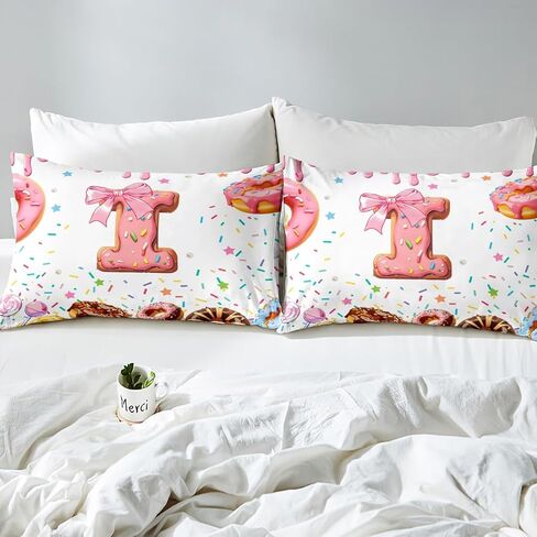 Erosebridal Personalized I Initial Letter Toddler Duvet Cover for Girls Cute Bow Princess Bowknot Kids Bedding, Monogrammed Alphabet D Bed Cover Donuts Pink White Candy Bed Set 2Pcs in Saudi Arabia