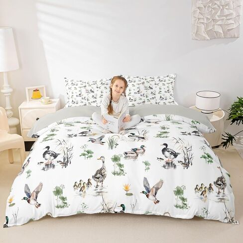 Erosebridal Mallard Duck Comforter Cover Toddler for Baby Nursery Boys Men Watercolor Floral Wild Ducks Duvet Cover Oil Painting Woodland Bed Set Forest Hunting and Fishing Bedding Set in Saudi Arabia