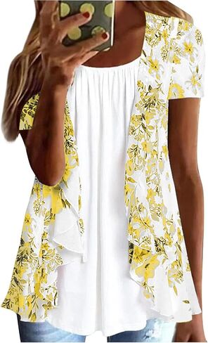 Women Summer Plus Size Short Sleeve Tops Fake Two Piece Loose Pleated Layered Blouse Shirt Hide Belly Tunic Tops in Kuwait