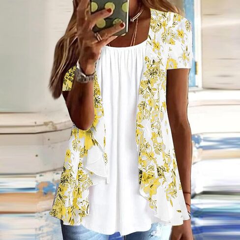 Women Summer Plus Size Short Sleeve Tops Fake Two Piece Loose Pleated Layered Blouse Shirt Hide Belly Tunic Tops in Kuwait