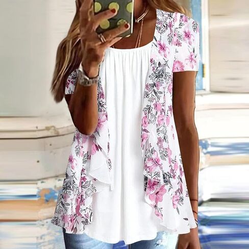 Women Summer Plus Size Short Sleeve Tops Fake Two Piece Loose Pleated Layered Blouse Shirt Hide Belly Tunic Tops in Kuwait