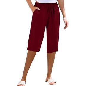 Women's Cotton Linen Shorts 2025 Summer Loose Knee Length Beach Pants Casual Drawstring Bermuda Shorts with Pockets