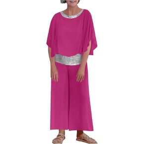 Mother of Bride Pant Suits 2 Piece Chiffon Sets for Women Sequin Patchwork Ruffle Batwing Sleeve Top and Wide Leg Pants