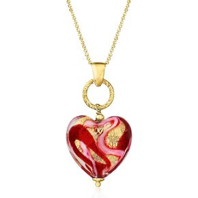 Ross-Simons Italian Red and Pink Murano Glass Heart Pendant Necklace in 18kt Gold Over Sterling. 18 inches