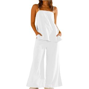 Womens 2 Piece Outfits Linen Sleeveless Side Button Slit Camisole Tops Wide Leg Pants Vacation Matching Set Loungewear