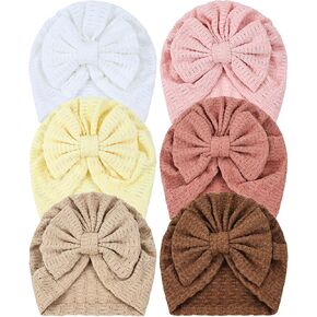 6 Pieces Soft Stretchy Turban Hats with Bow Newborn Nursery Hospital Caps Bonnets Beanies Headwraps for Baby Girls Infants Toddlers