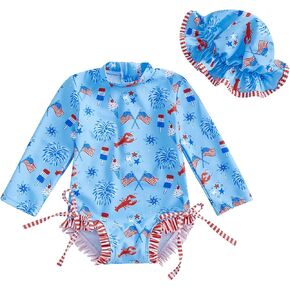 Toddler Baby Girl 4th of July Swimsuit Star Striped Rash Guard Bathing Suit Long Sleeve One Piece Swimwear