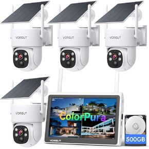 Solar Security Cameras Wireless Outdoor with 10'' Monitor, 4pcs 2K Solar Powered Camera System, 360° PTZ, Color Night Vision,Human Detection,10CH NVR with 500GB HDD,2.4G/5G WiFi,No Monthly Fee