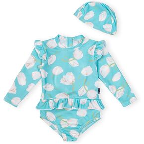 EZ Moms Baby Toddler Swimsuit Girl UPF 50+ Long-Sleeve One Piece Zipper Baby Beach Swimwear Sunsuit Ruffle with a Swim Cap