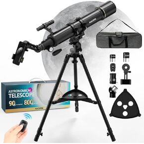 Astronomy Telescope for Adults & Beginners - 90mm Aperture 800mm Refractor with 32X-240X Magnification, Iron Tripod, Phone Adapter & Backpack - for Moon, Planets & Stargazing (White)