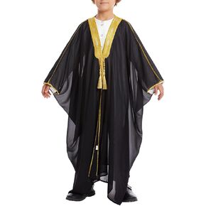 Boys Muslim Robe Thobe Arab Long Sleeve Button Tassel Kaftan Islamic Prayer Clothes with Pocket Kids Loose Gown