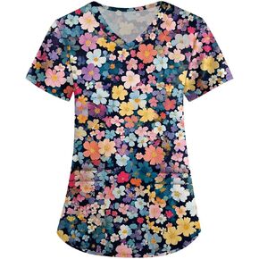Scrub Tops Women Nurse Uniform Trendy Floral Printed Loose Fit Scrubs Casual V Neck Short Sleeve Workwear Shirt
